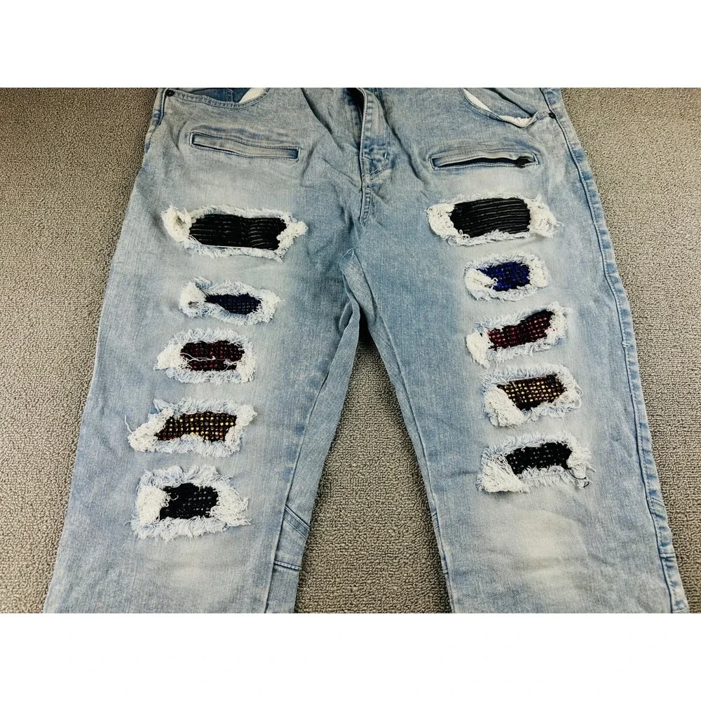 Focus Jeans Men 44 Blue Slim Biker Moto Distressed‎ Patched Biker Moto Hip Hop